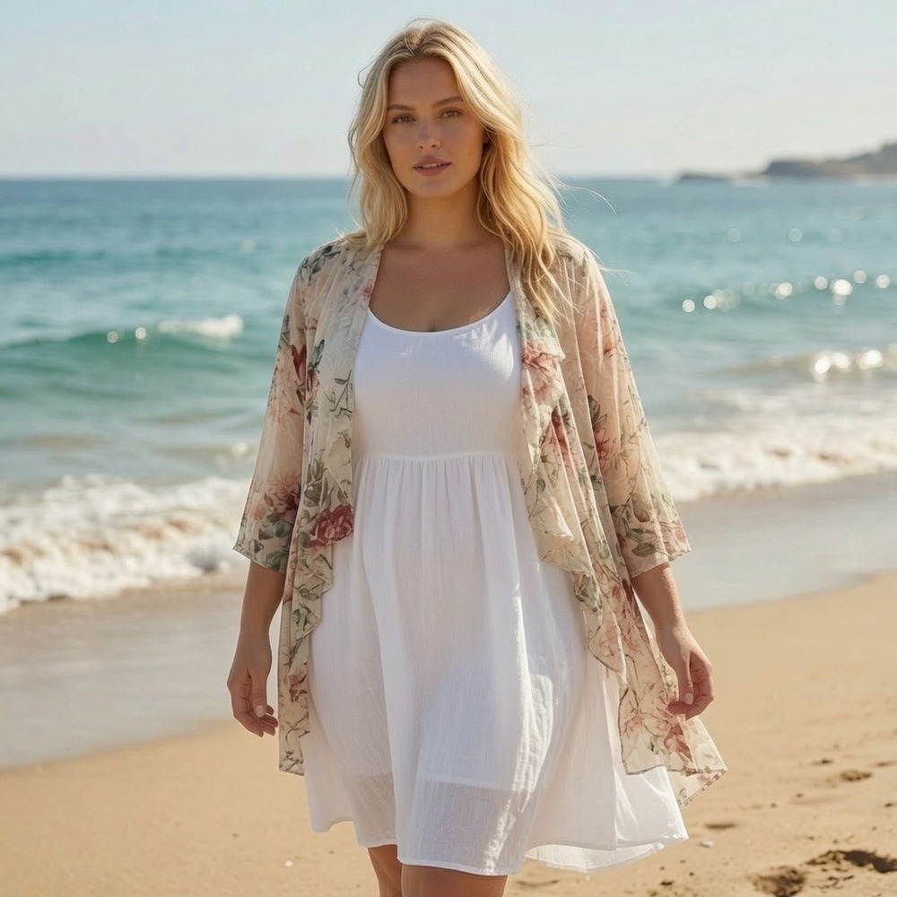 Garden Floral Kimono Wrap XL Swim Cover Up Sheer Ruffle Chiffon Boho Cottagecore